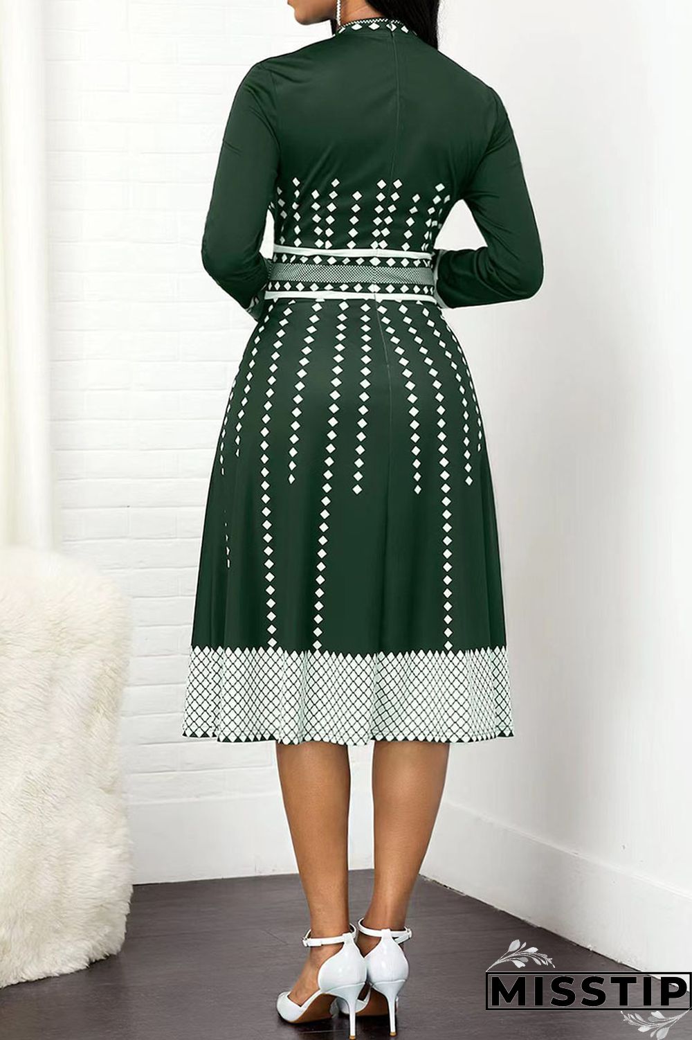 Olive Green Casual Print Polka Dot Patchwork O Neck A Line Dresses