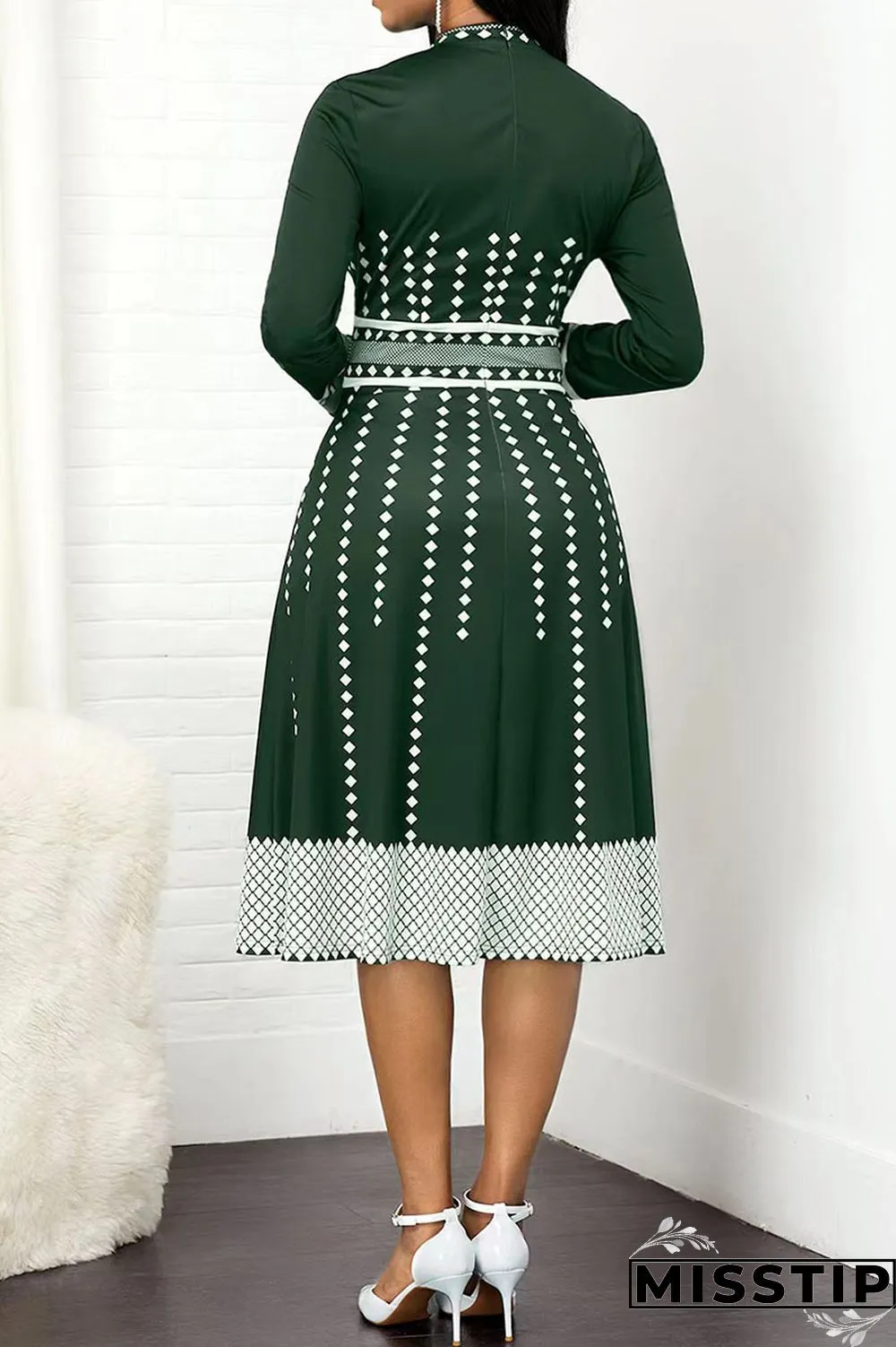 Olive Green Casual Print Polka Dot Patchwork O Neck A Line Dresses