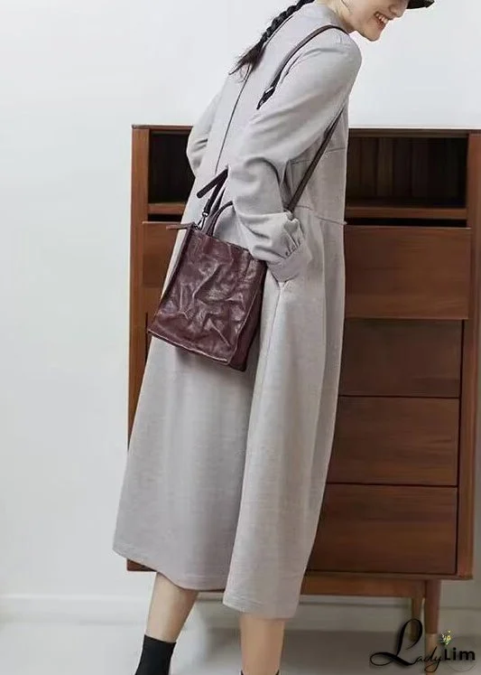 Casual Grey Stand Collar Wrinkled Patchwork Cotton Dresses Fall