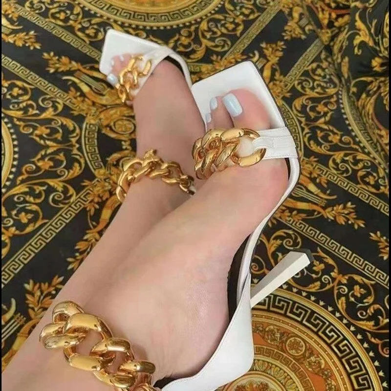 New Fashion Chain High Heel Sandals Women Square Open Toe Rome Sandlas Sexy Party Shoes Plus Size Woman  Zip Peep Toe