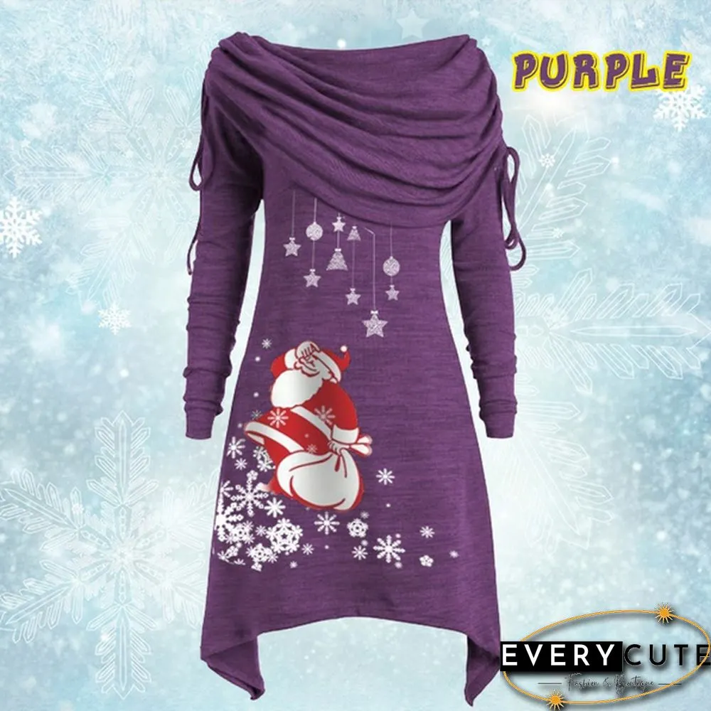 Womens Fashion Christmas Santa Claus Snowflake Print Ruched Foldover Collar Dress Cotton