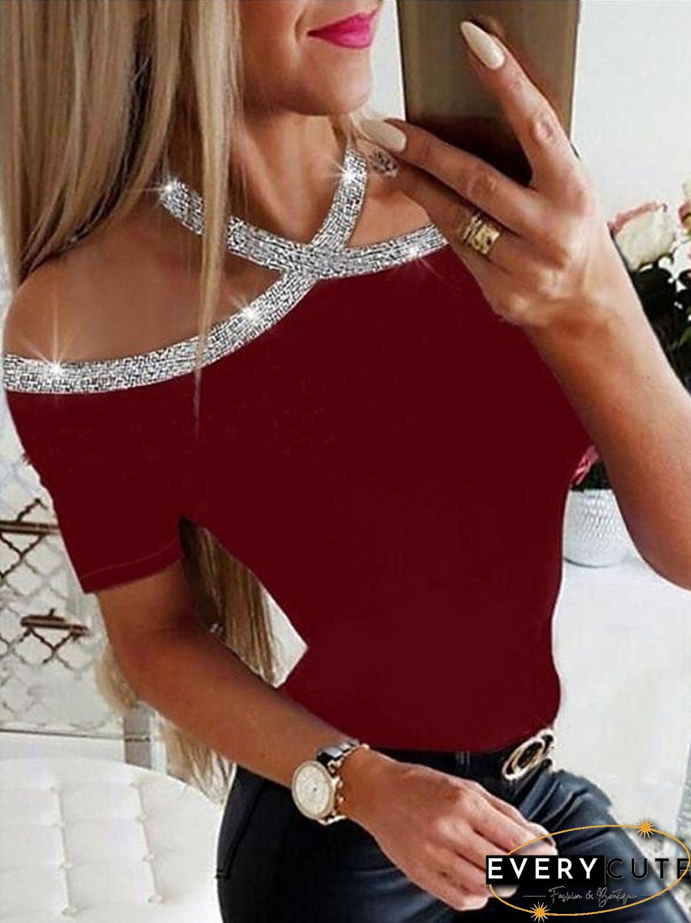 Women's T shirt Solid Colored Round Neck Tops Basic Top Black Wine Royal Blue-830