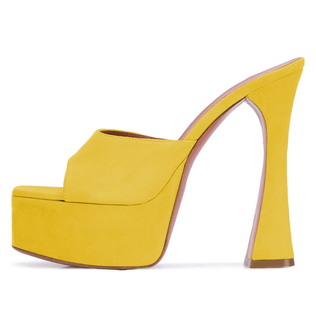 Yellow Slip On Square Toe Platform High Heel Mule Shoes for Women