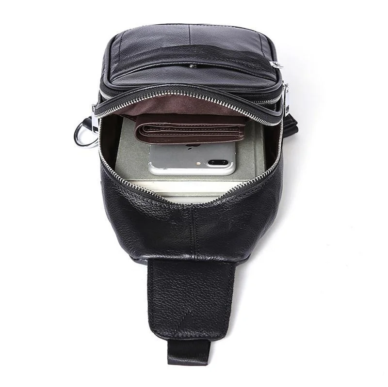 Casual Style Grain Textured Multiple Pocket Earphone Jack Adjustable Sling Strap Chest Bag