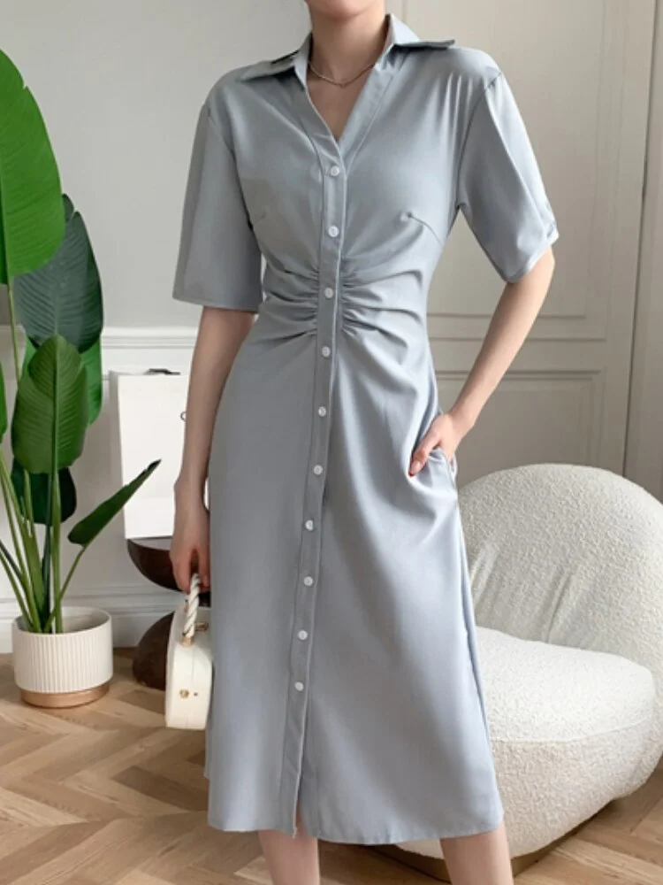 Women&#39;s Summer Elegant Casual Midi Shirt Dress Short Sleeve Vintage Pleated Party Black Vestidos Female Fashion Korean Clothes