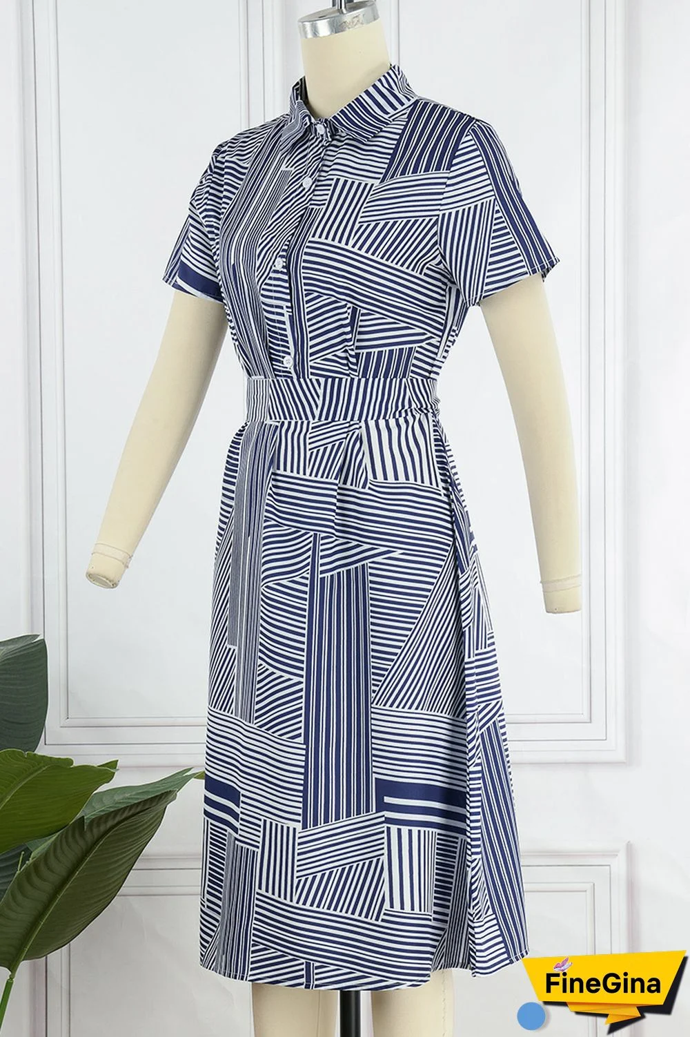 Blue Casual Print Patchwork Turndown Collar Short Sleeve Dress