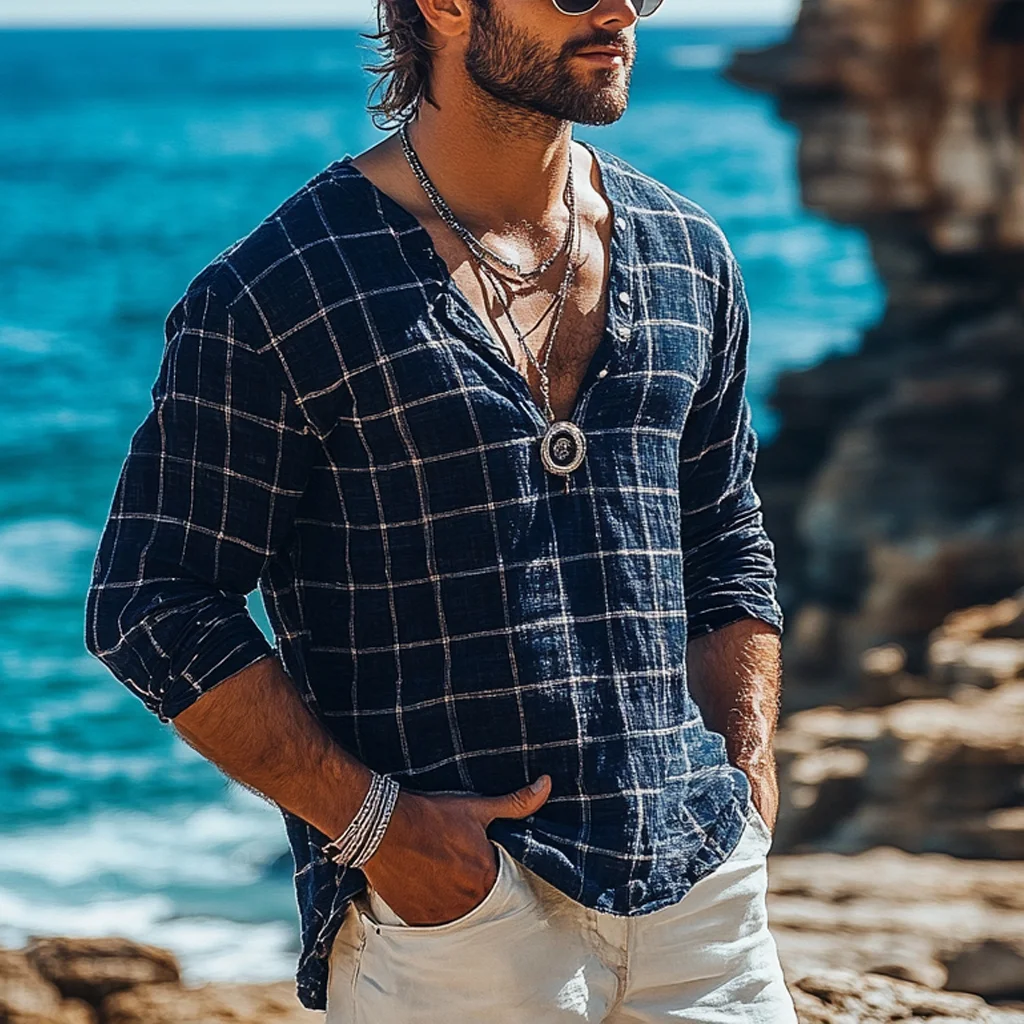 Holiday Bohemian Beach Men's Linen Casual Long Sleeve Shirt Top-inspireuse