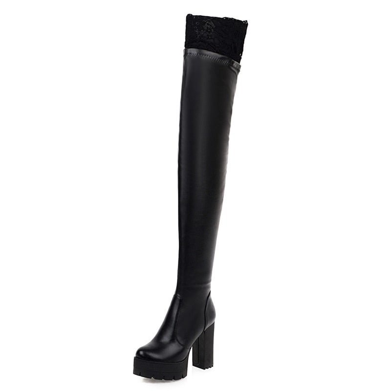 Gdgydh Sexy Lace Thigh High Boots For Plus Size Women Platform Shoes Over The Knee Boots Stretch Fabric Black Leather Winter New