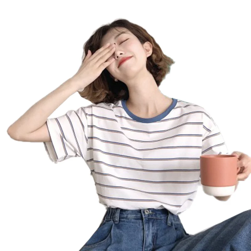 Uveng Uveng T-Shirt Women 2024 New Summer College Wind Loose Show Thin Stripe Students On Clothes Women's T-Shirt Ins Tide