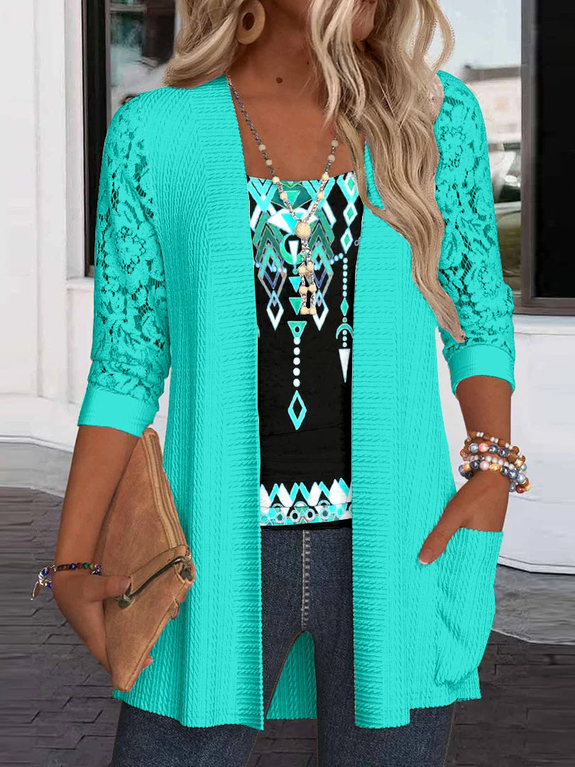 Women Long Sleeve Scoop Neck Printed Graphic Pockets Lace Two-Pieced Tops