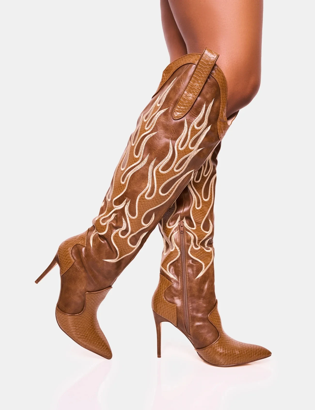 Women Embroidery Western Cowboy Boots Pointed High Heels Boots British Style Knee-high Knight