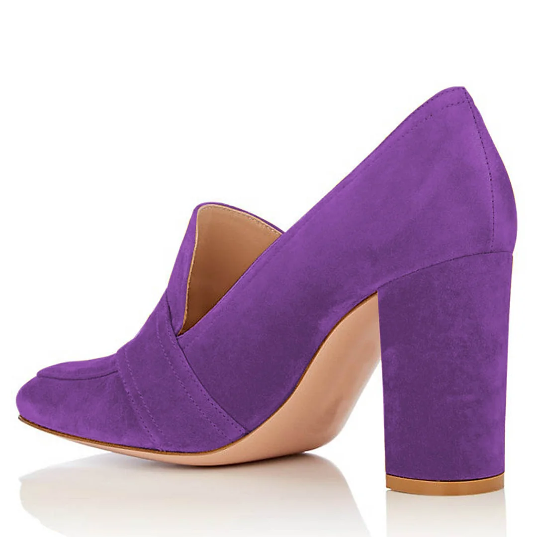 Vegan Suede Square Toe Round Buckle Chunky Heeled Loafers in Purple