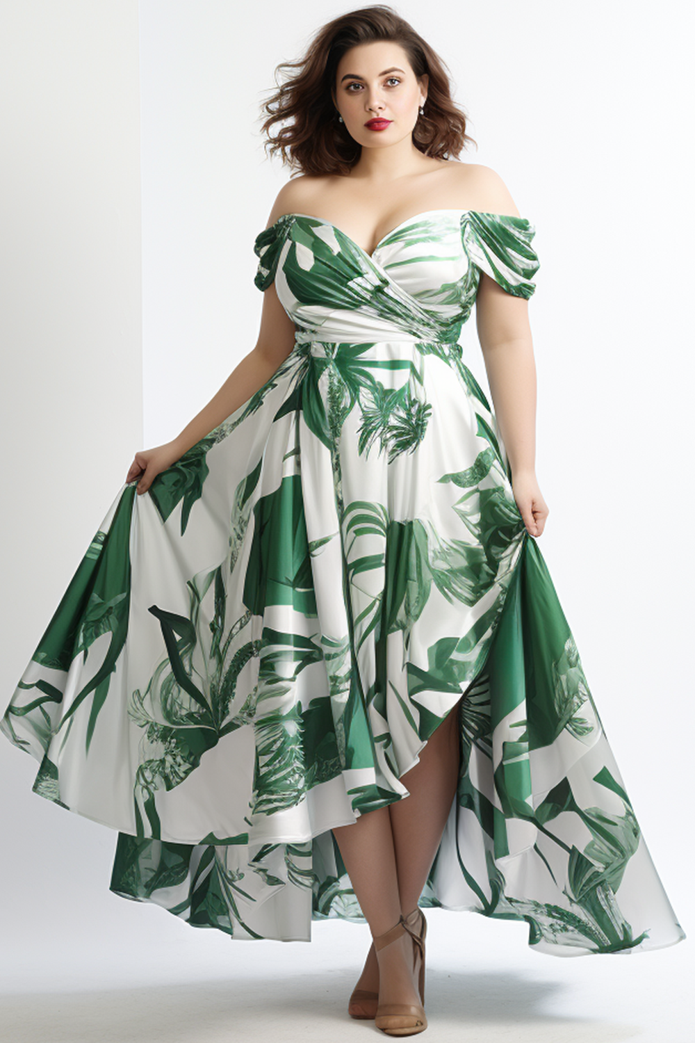 Flycurvy Plus Size Wedding Guest Green Plant Print Off The Shoulder Empire Waist Maxi Dress 2024 - Flycurvy 