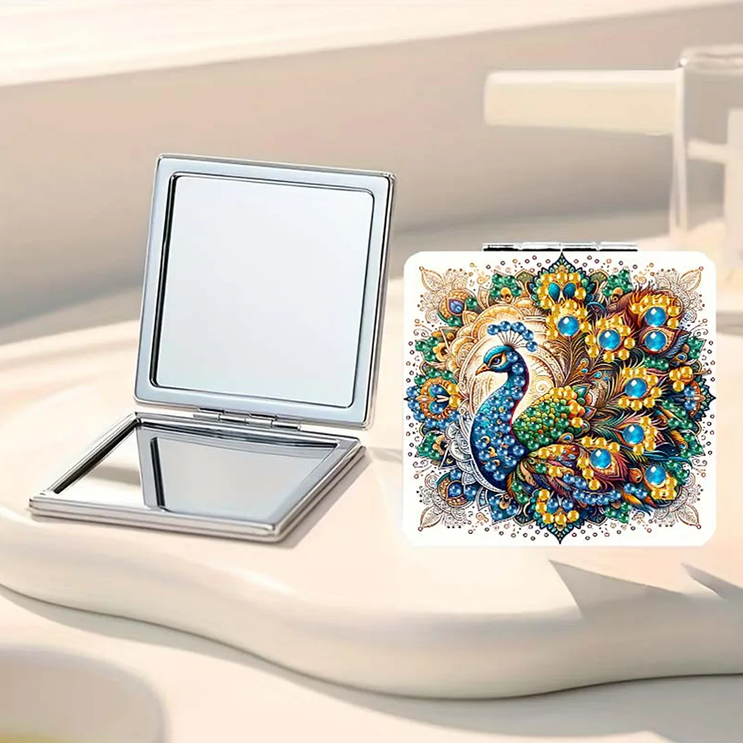 Yellow Peacock DIY Special Shaped Diamond Painting Compact Mirror Kits Diamond Art Painting Pocket Mirror for Adults and Beginners
