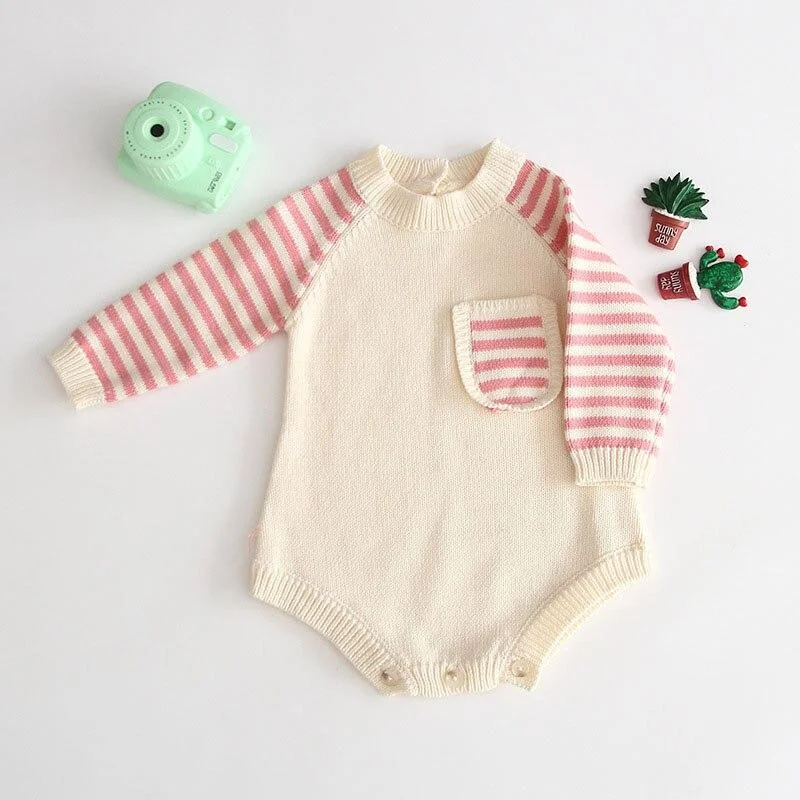 Baby Girls Knitted Bodysuit 2021 Spring Infant Newborn Long Sleeve Solid Ruffled Jumpsuit Outfit Set Baby Spring Autumn Clothing