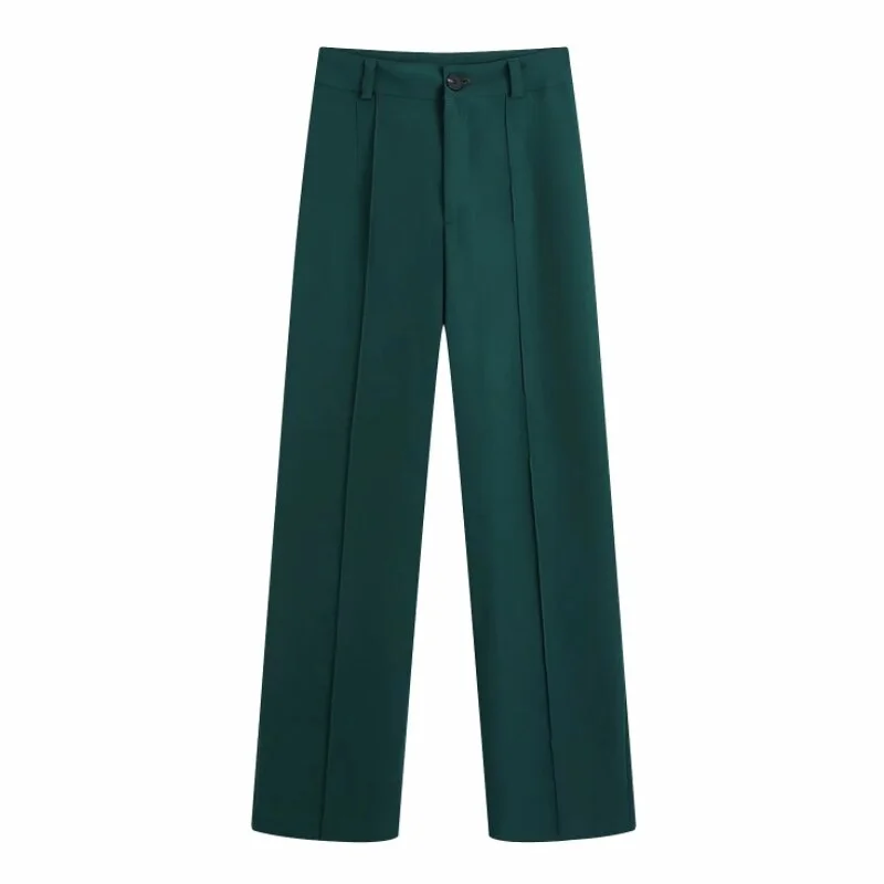 2021 New Spring Women Bright Line Decoration Green Casual Suit Pants Office Lady Loose Trousers P2019