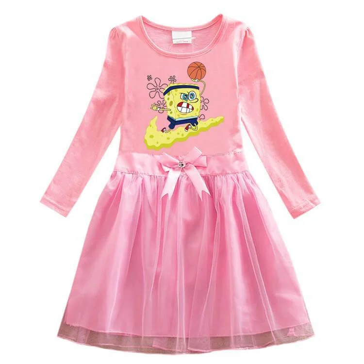 Girls SpongeBob Squarepants Print Long Sleeve Bow Cotton Tulle Dress-Mayoulove