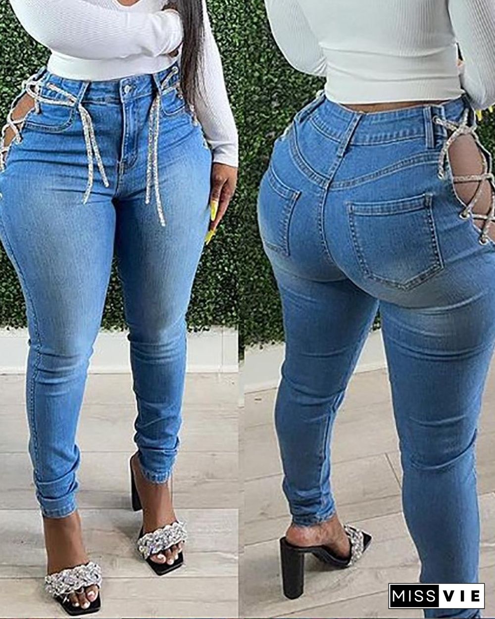 Eyelet Lace-up Cutout High Waist Jeans