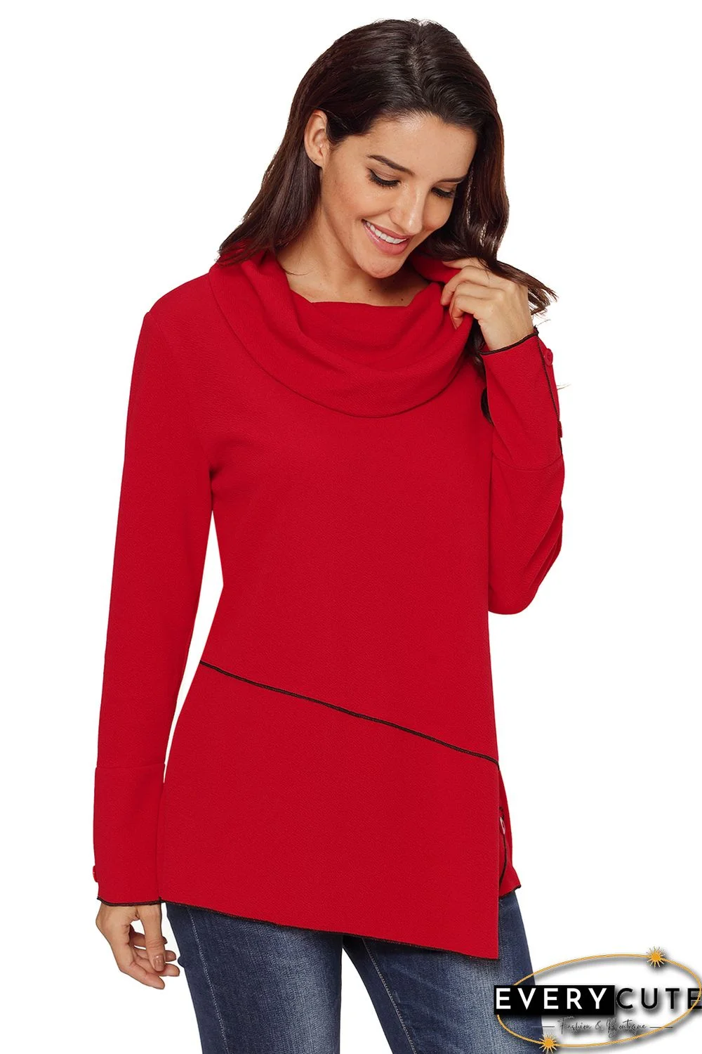 Red Button Detail Asymmetric Cowl Neck Sweatshirt