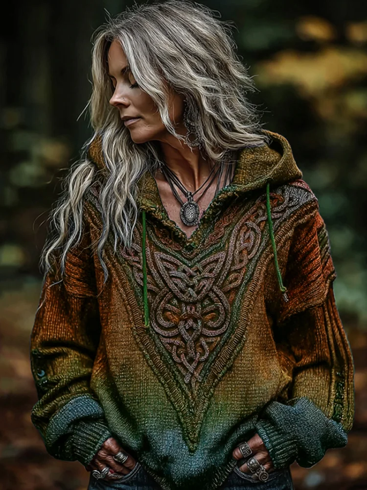 Women's Viking Celtic Knot Art Knitted Warm Hooded Sweater