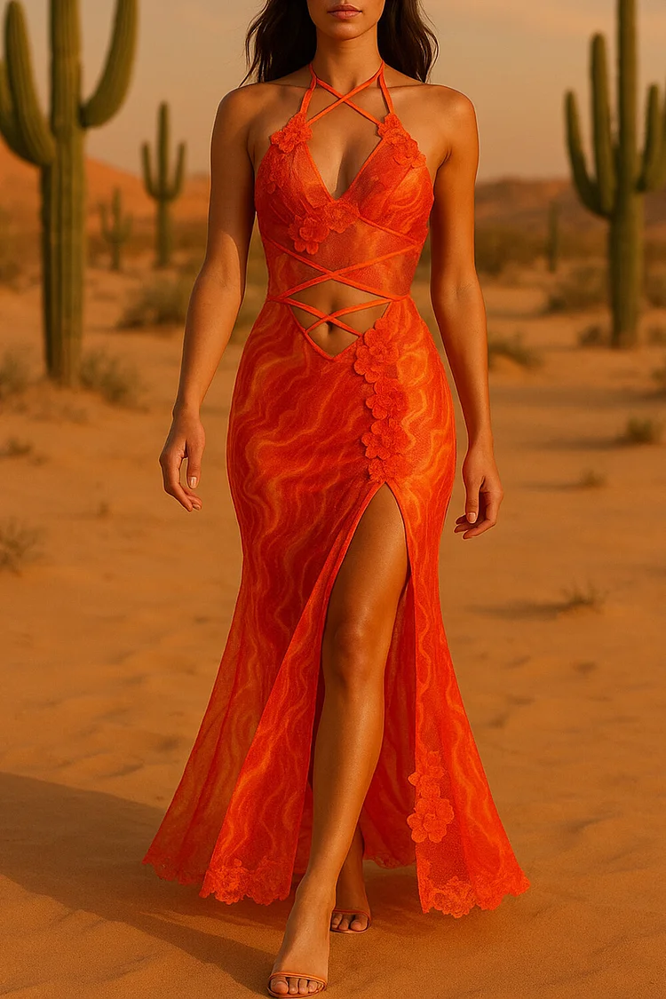 Halter Floral Applique Cutout Slit Fishtail Hem Maxi Dresses-Orange [Pre Order]