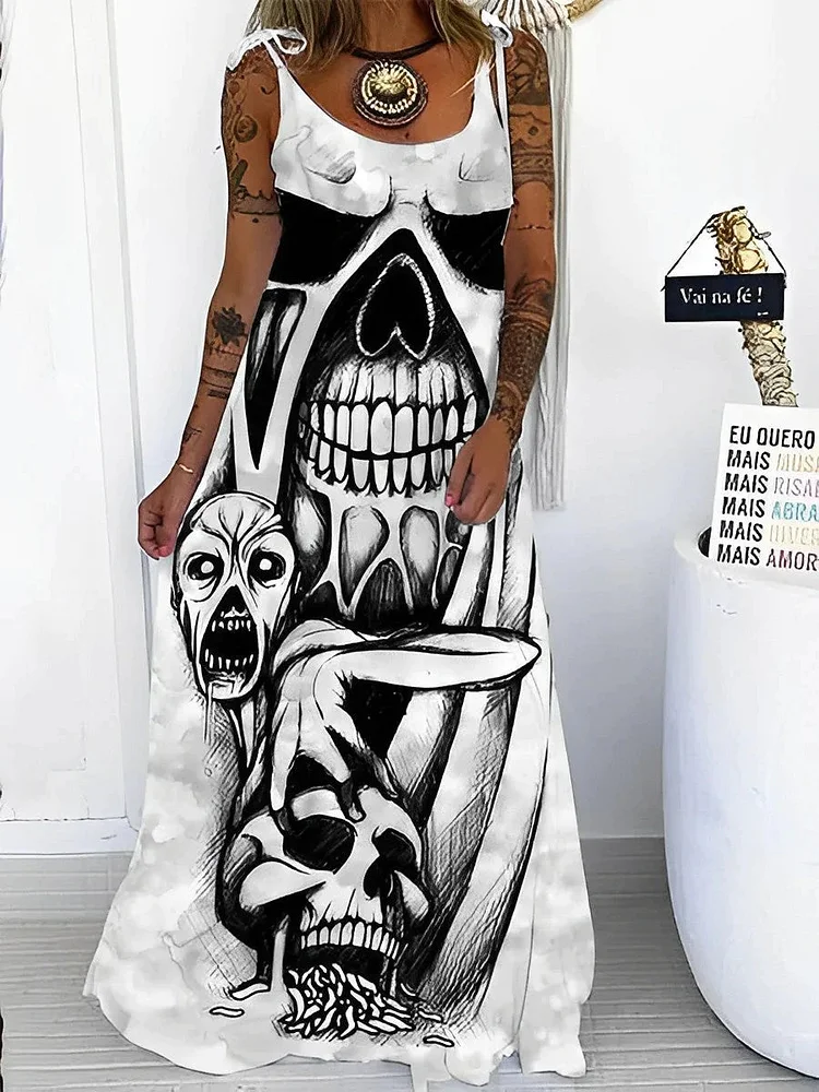 Dia De  Muertos Skull Print Loose Plus Size Maxi Dress