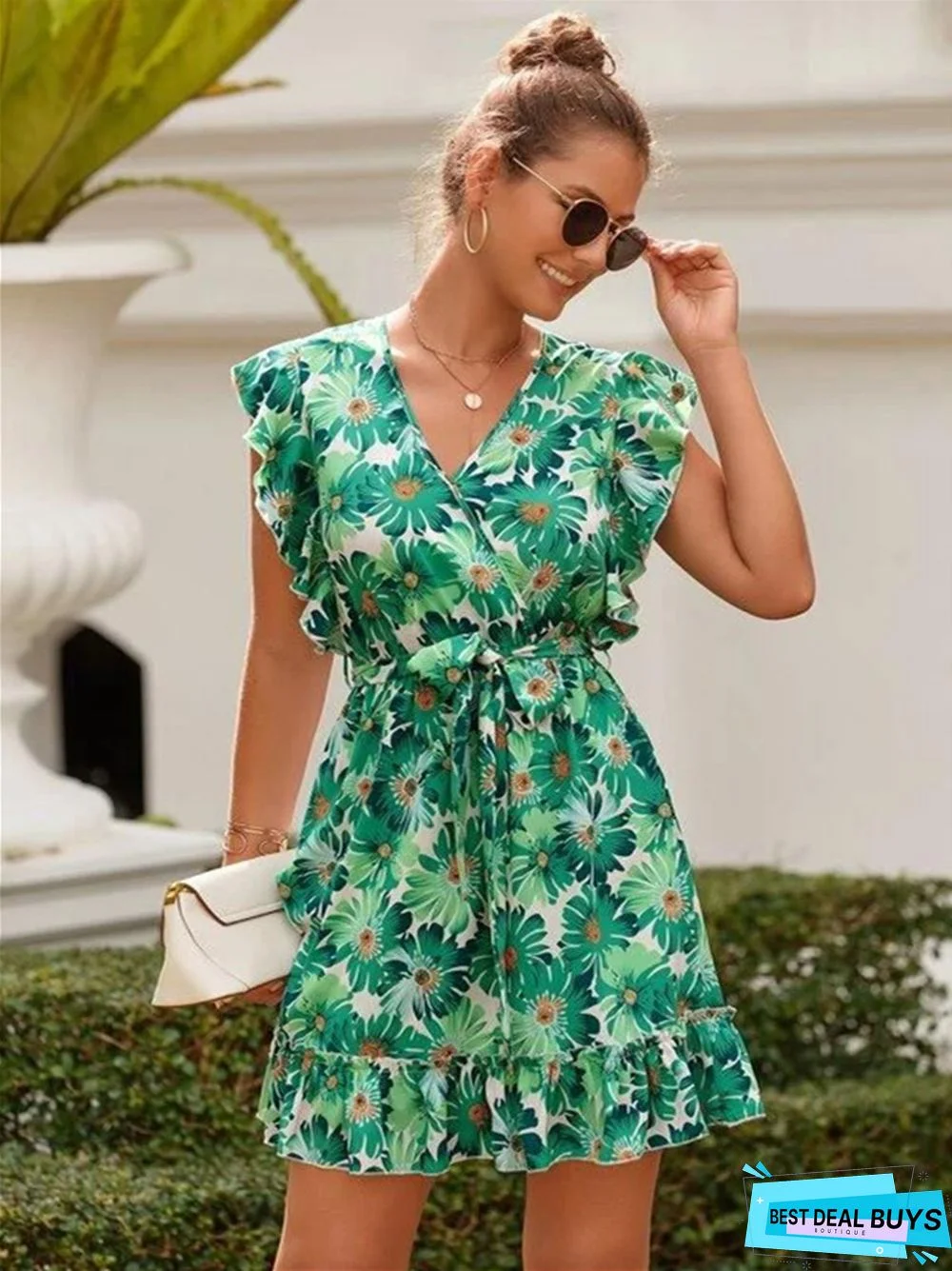 Spring Summer New Print V-Neck Lace Up Ruffle Dress Women