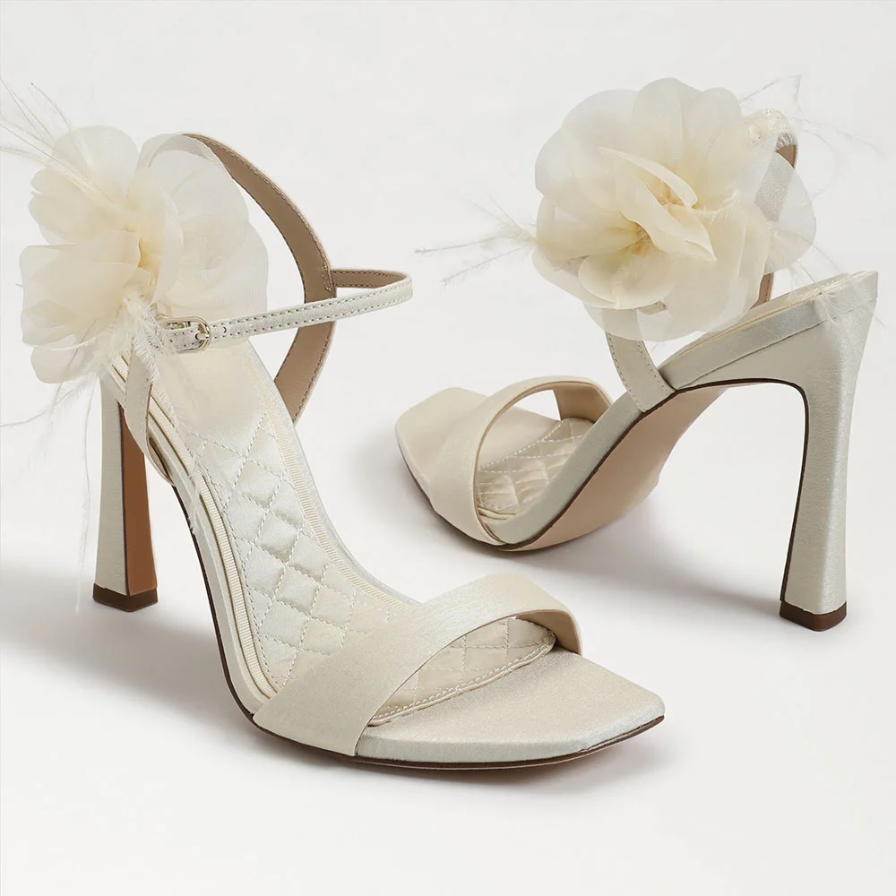 Satin Floral Decor Flared Heel Square Toe Women's Sandals in White
