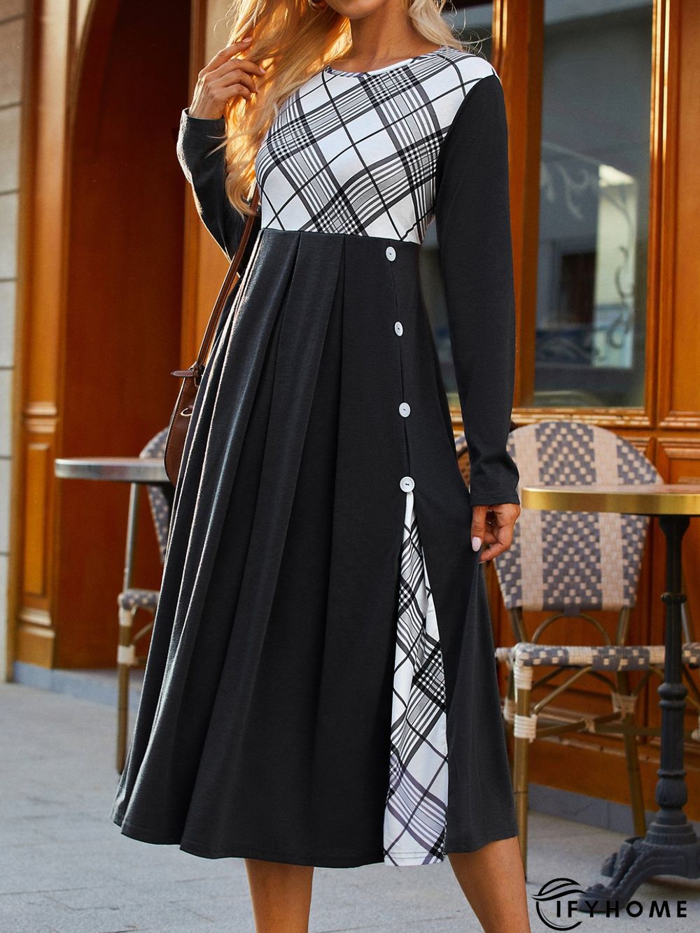 Paneled Casual Plaid Knitting Dress | IFYHOME