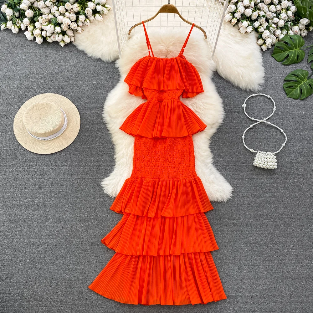 Ueong Sweet Dew Back High Waist Irregular A-Word Cake Dress Seaside Holiday Beach Dress Fashion Halter Skirt