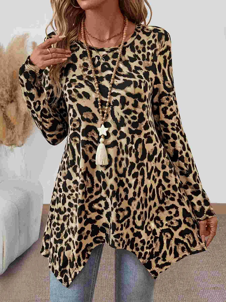 Women's Casual Leopard Print T-Shirt Long Sleeve Tee