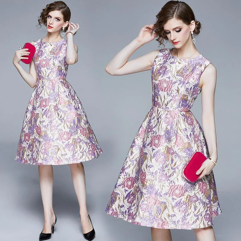 High-waisted jacquard round neck sleeveless dress