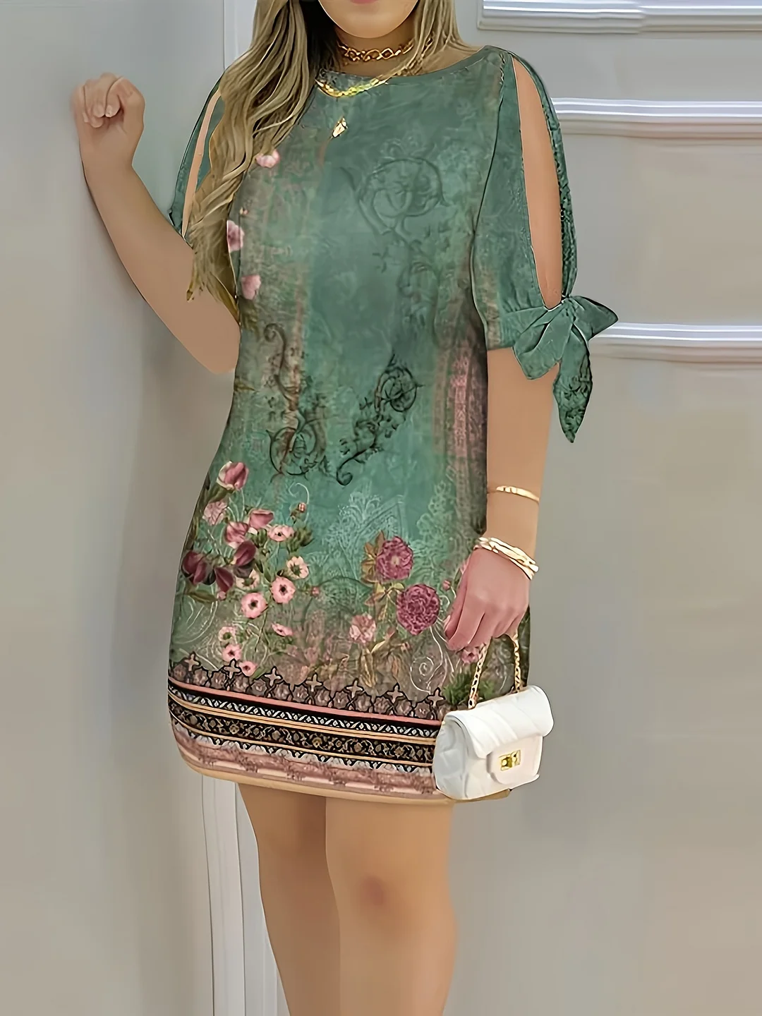 Women's Elegant Floral Print A-Line Dress, 95% Polyester 5% Spandex, Crew Neck Knitted Fabric, All-Season Knotted Detail, 180g/M² - 2023 Autumn Collection | IFYHOME