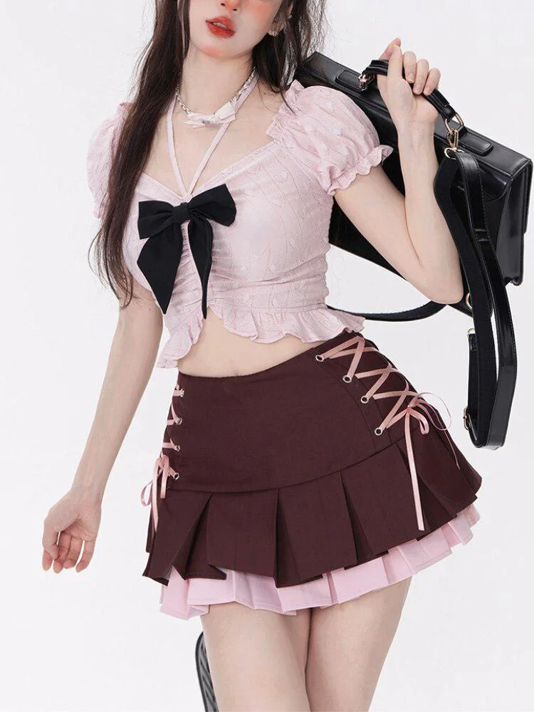 Brownm Mini Skirt With Top Two Piece Set