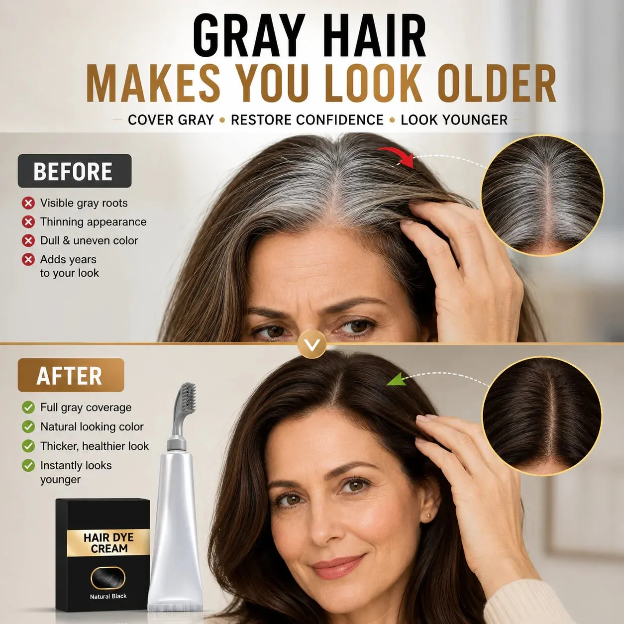 Before and after gray hair coverage