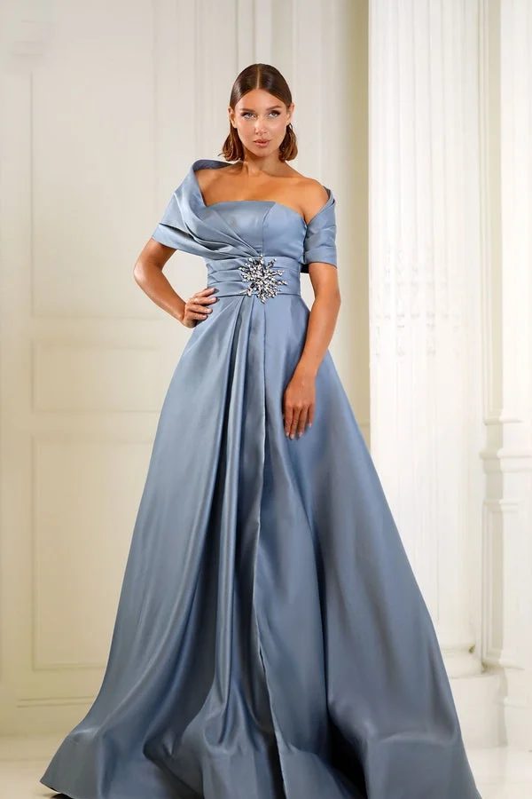 Oknass Off the Shoulder Sleeveless Long Prom Dress With Pleated Beading