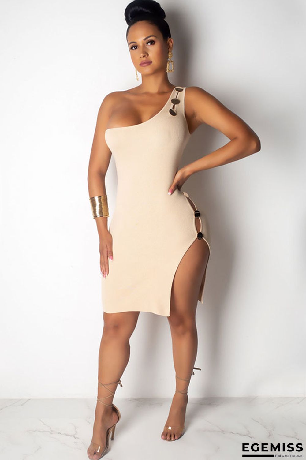 Beige Fashion Sexy One Shoulder Sleeveless one shoulder collar Asymmetrical Knee-Length Solid fa | EGEMISS