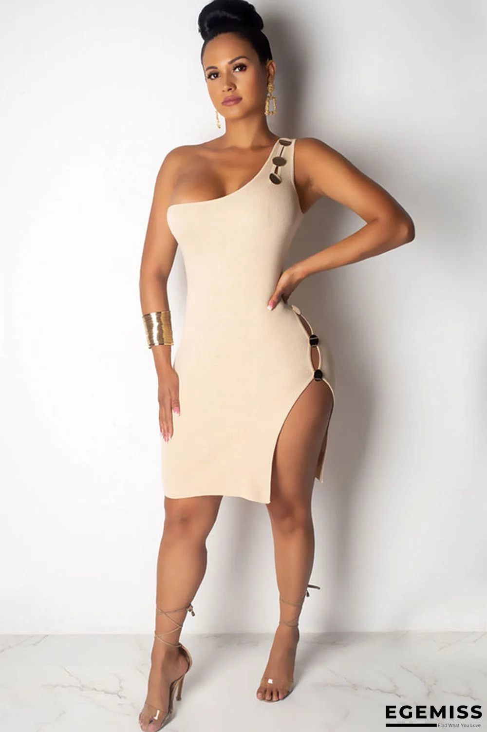 Beige Fashion Sexy One Shoulder Sleeveless one shoulder collar Asymmetrical Knee-Length Solid fa | EGEMISS
