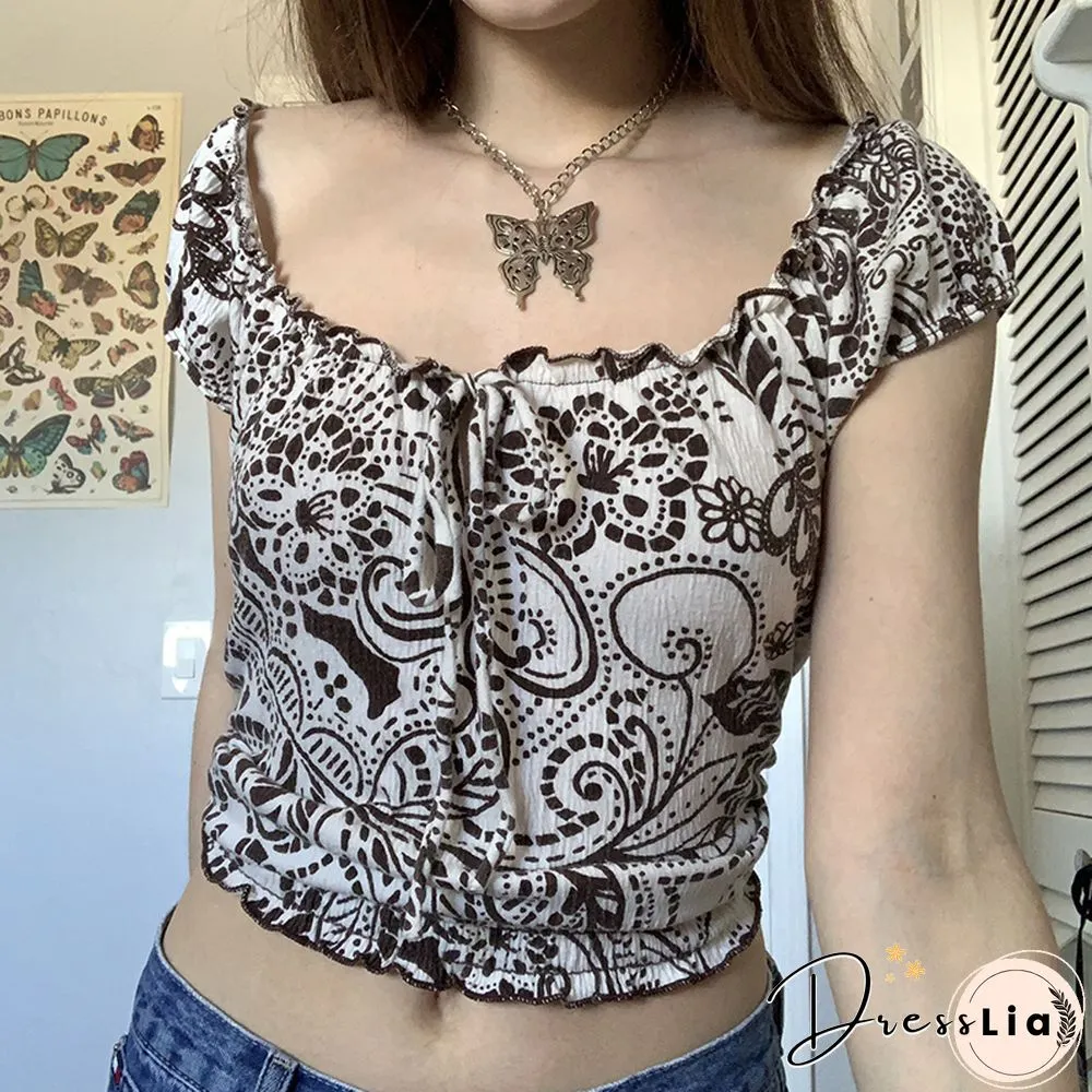 Y2K Fairycore Grunge Graphic Print Crop Top Ruffles Short Sleeve Slim Fit Pullovers Tees