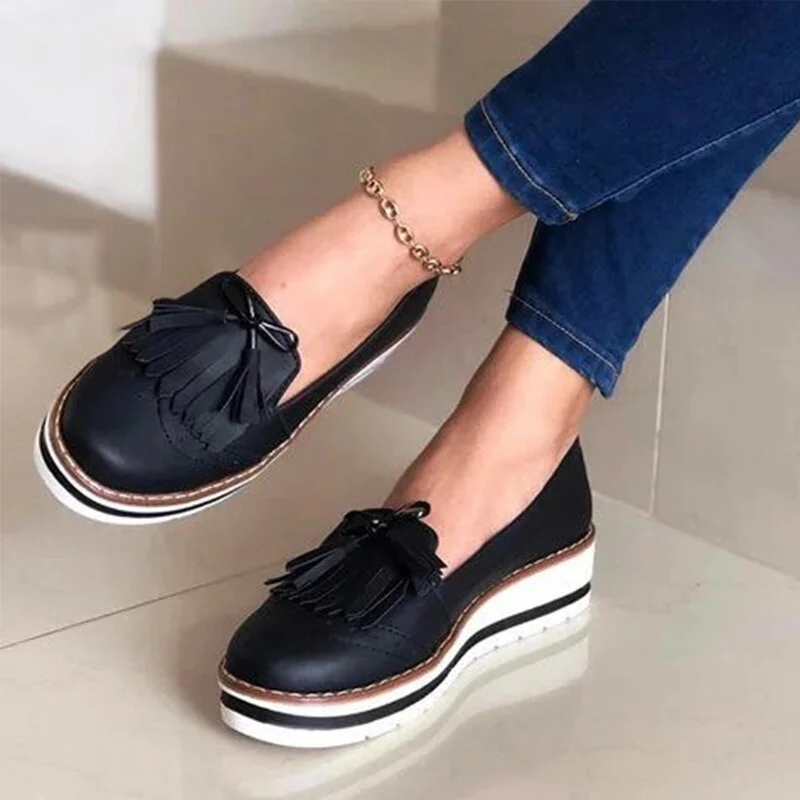 Women Tassel Bowtie Loafers Woman Slip On Sneakers Ladies Soft PU Leather Sewing Flat Platform Female Shoes All Seasons 2021 New