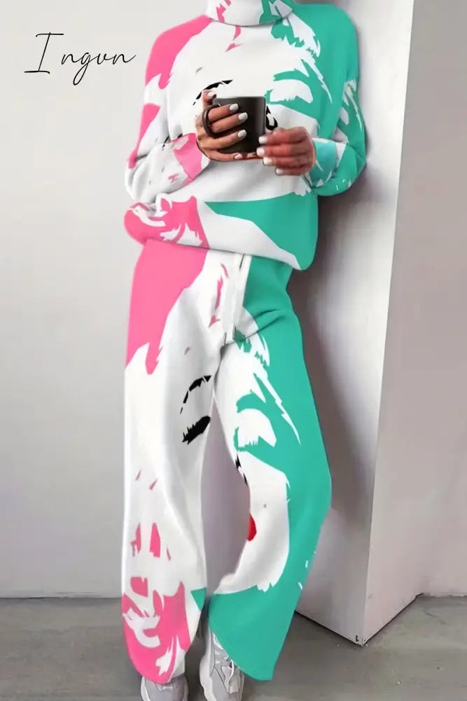 Ingvn - Casual Print Basic Turtleneck Long Sleeve Two Pieces Multicolor / S Pieces/Two-Piece Pants