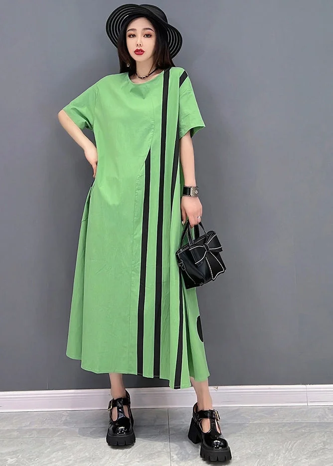 Green Striped Patchwork Cotton Vacation Dresses O-Neck Oversized Short Sleeve