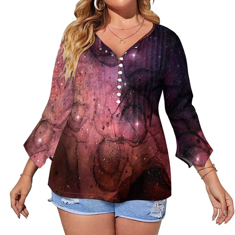 Tie Dye Wine Red Tarry Stars Space Galaxy Button Popover Shirt Women mid sleeve Tunic Tops Loose Fit V neck Pleats Blouses - Heather Prints Shirts