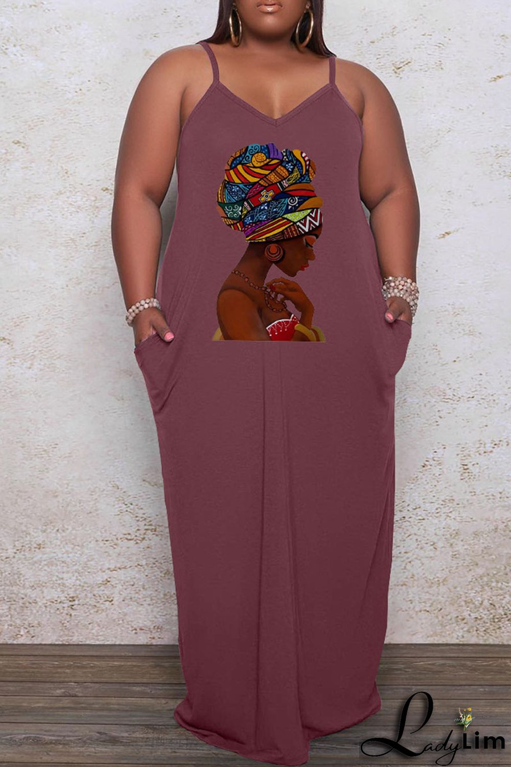 Apricot Casual Print Split Joint Spaghetti Strap Sling Dress Plus Size Dresses