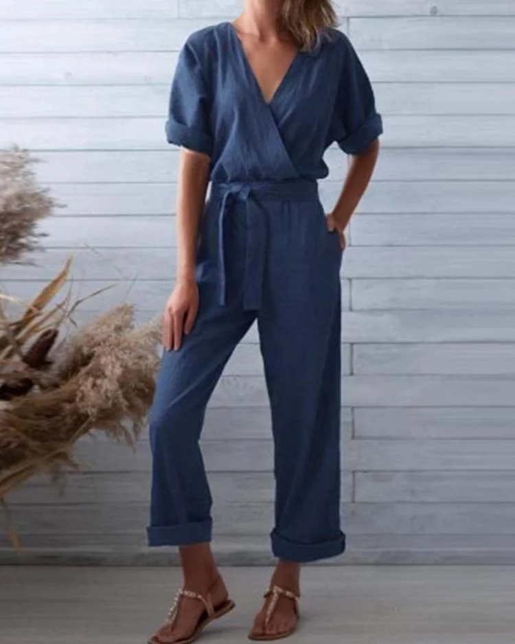 Loose V-neck Solid Casual Jumpsuit