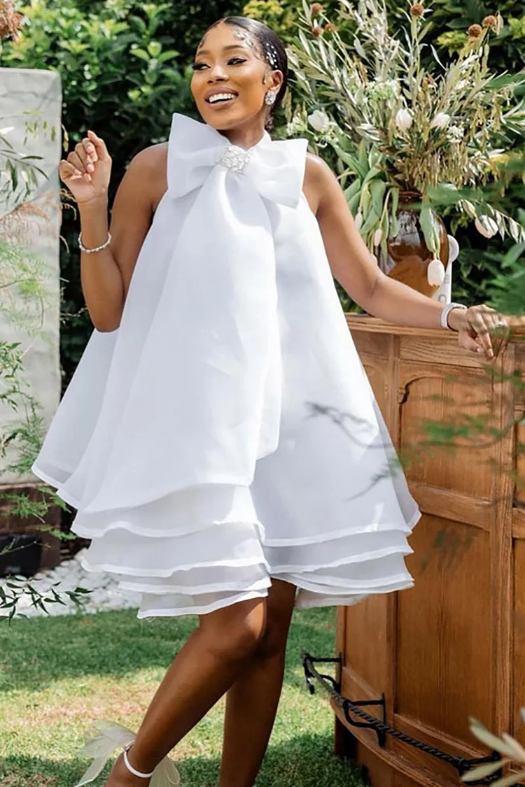 Sleeveless Halter Bow Decor A-Line Ruffled Hemline White Mini Layered Dresses