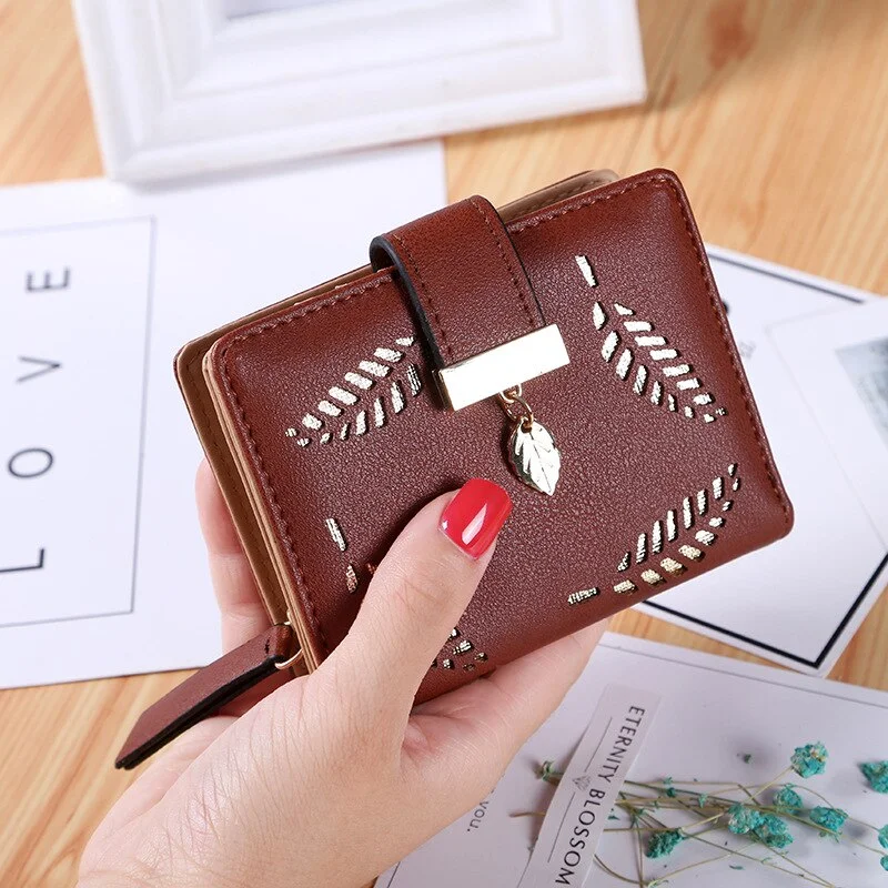 2020 New Women Short Wallet Zipper Buckle Hollow Leaves Small Wallet PU Leather Wallet Card Holder Female Coin Coin Purse