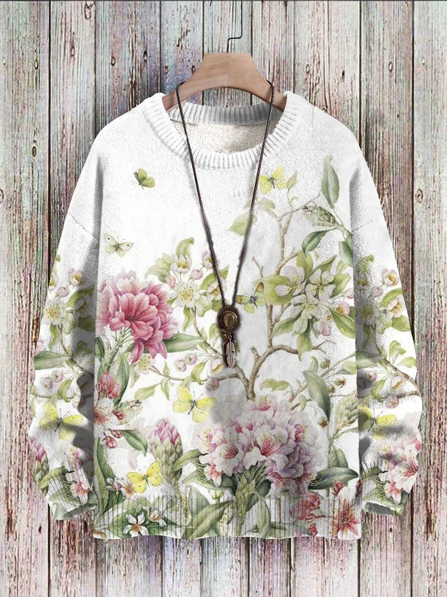 Unisex Butterfly Floral Print Knitted Sweatshirt