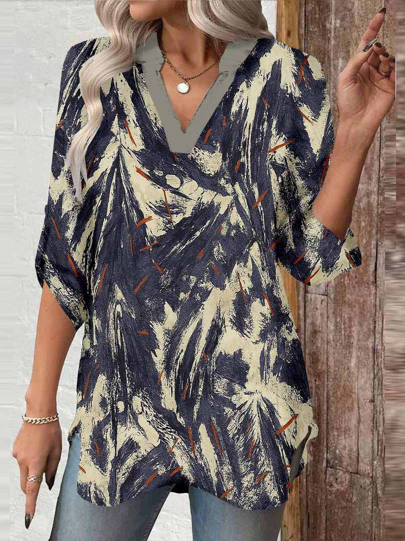 Women Graffiti, Black, Always DZGA0159 3/4 Sleeve V-neck Printed Graphic Button Tops