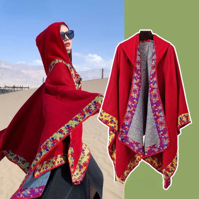 Ethnic Style Hooded Cape Women’s Yunnan Tibet Western Sichuan Grassland Bohemia Travel Wear Scarf Coat